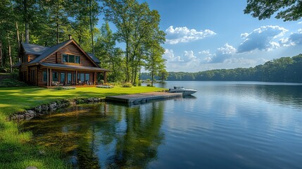 Obraz premium A beautiful lakefront home with a dock and boat sits on a grassy hill overlooking a lake under a sunny sky