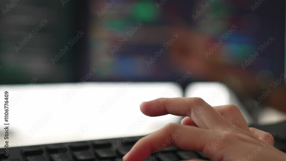 Poster slow motion closeup hand, back end software developer engineer for computer programming working toge