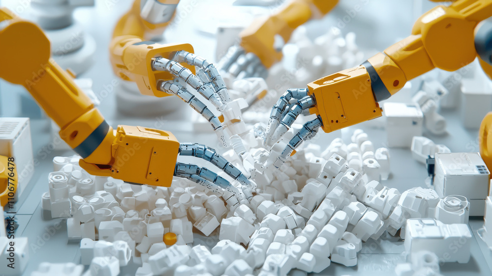 Poster high tech industrial setting with robotic arms assembling white components, showcasing advanced auto