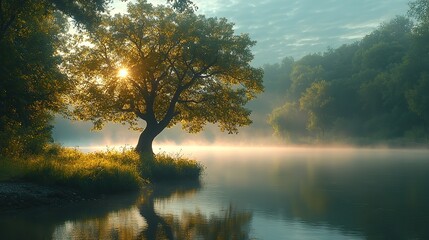A beautiful tree with green leaves stands on the river bank in summer, with sunlight and fog in the background
