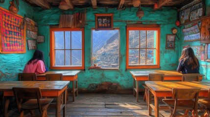 Fototapeta premium A cozy interior of a room with tables and windows showcasing a scenic view outside.