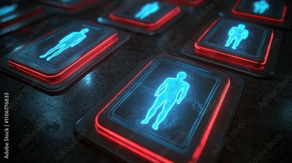 Poster digital medical interface with glowing holographic human silhouettes on illuminated display panels i