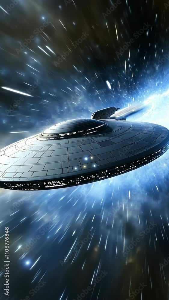 Poster spaceship navigating through a cosmic wormhole in deep space, surrounded by vibrant stellar phenomen