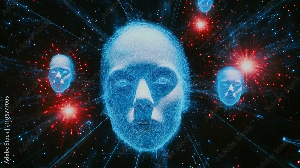 Poster abstract digital artwork depicting a glowing human head surrounded by neural networks and data parti
