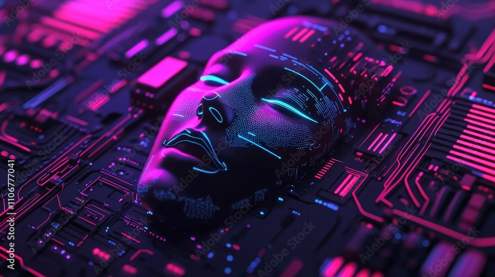 Poster artificial intelligence concept with a humanoid robotic face integrated into a circuit board, illumi
