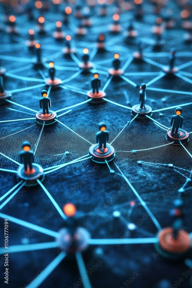 Poster grid of glowing network nodes connected by illuminated lines on a dark futuristic surface, symbolizi