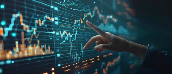 A person's hand interacts with a futuristic screen displaying dynamic financial data, illuminating the complexities of modern finance and technology.