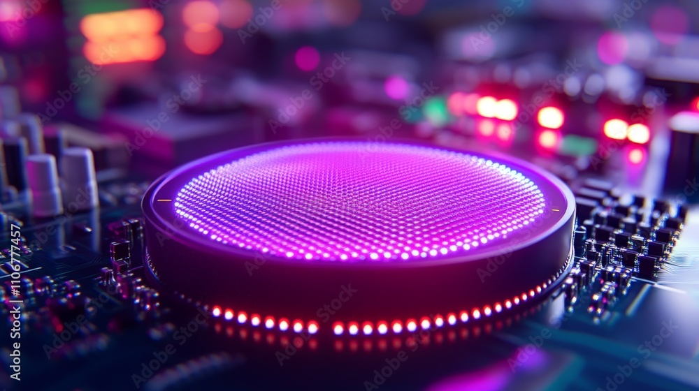 Poster Glowing circular microchip surrounded by neon lights and futuristic digital components, symbolizing innovation in semiconductor technology and advanced electronics