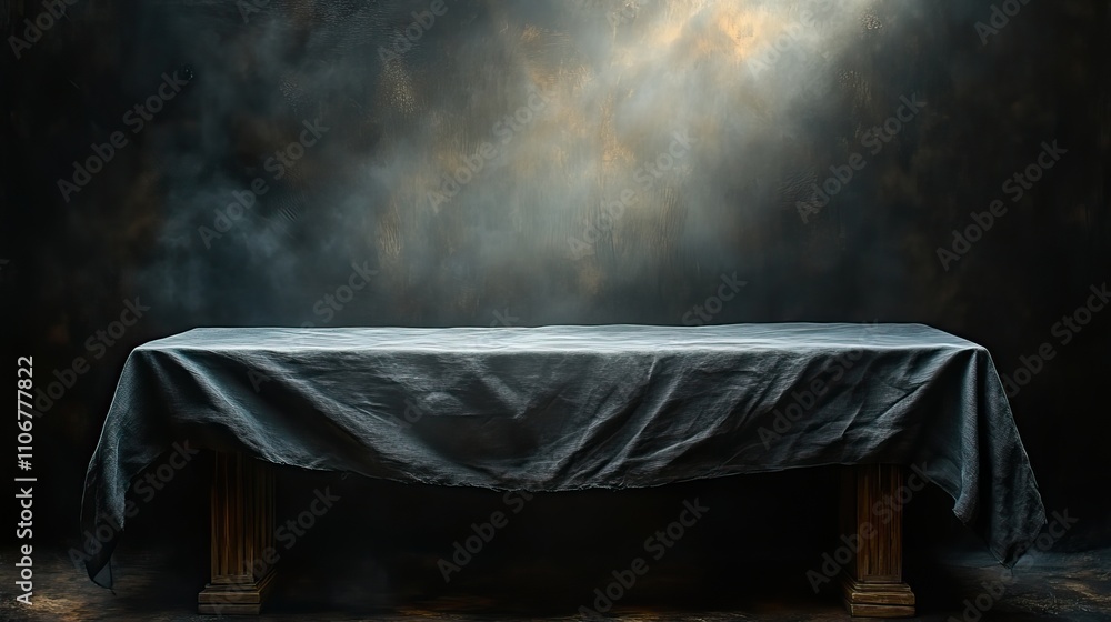 Poster a black background features a grey tablecloth illuminated by soft light from the right side