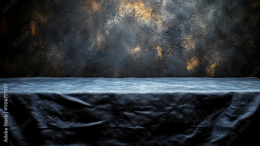 Poster a black background features a grey tablecloth illuminated by soft light from the right side