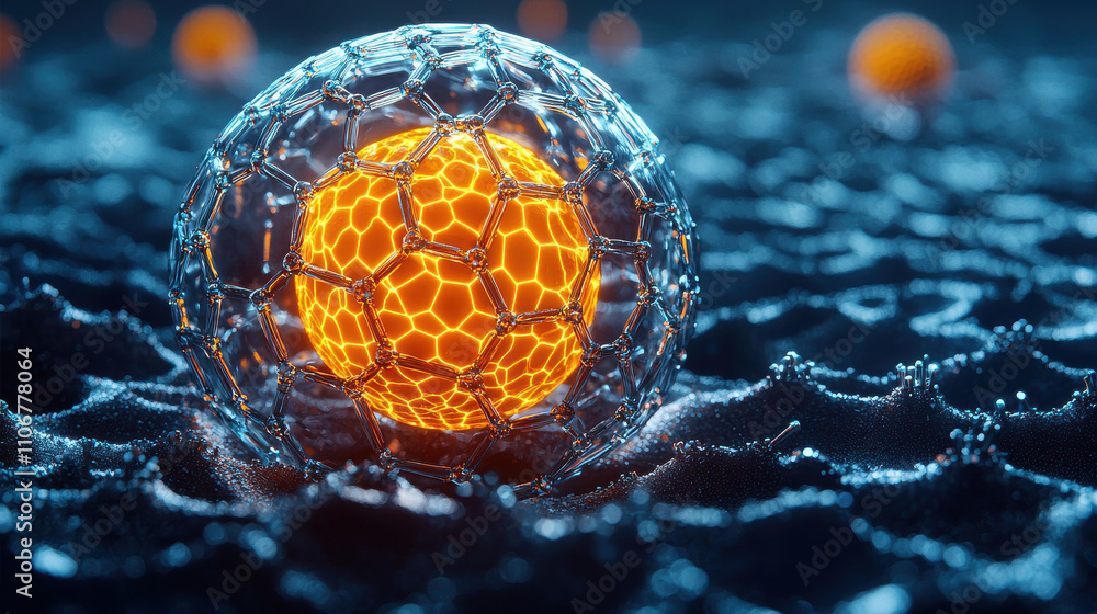 Aufkleber conceptual image of nanomaterials forming protective shield around glowing sphere, showcasing advanc