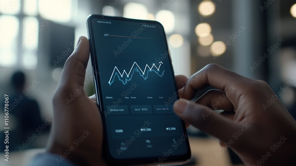 Poster a person analyzing financial data on a smartphone with a graph display.