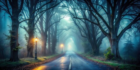 Misty Abandoned Road on Halloween Night - Isolated Pathway in Dim Light, Haunting Atmosphere, Mysterious Landscape, Eerie Vibes, Perfect for Spooky Themes