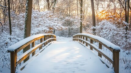 A wooden bridge covered in fresh snow leads through a wintery forest towards a sunlit horizon.