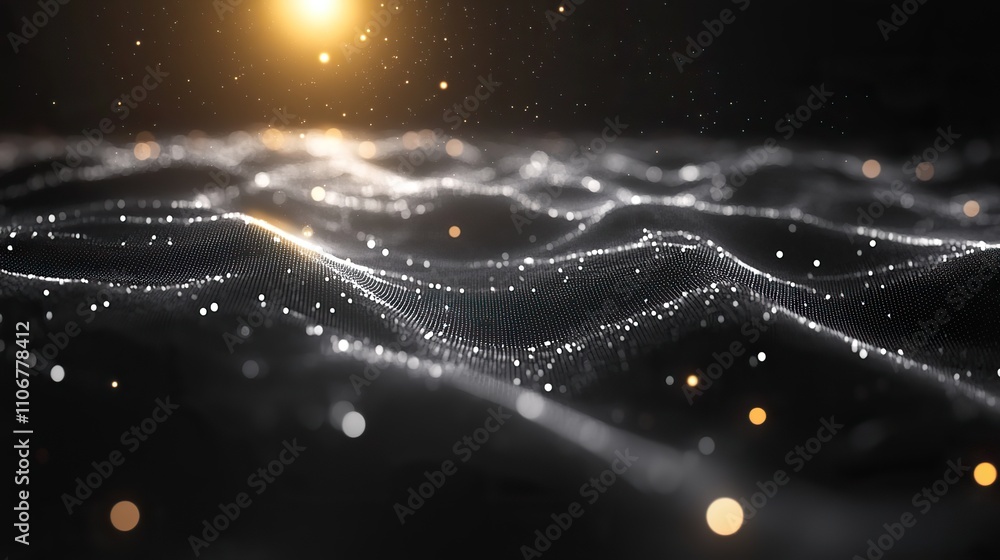 Poster a black background with white glowing digital data lines and shapes creates an abstract technology o