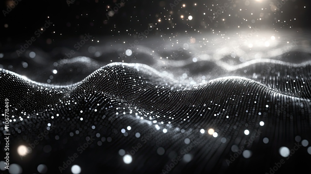 Poster a black background with white glowing digital data lines and shapes creates an abstract technology o