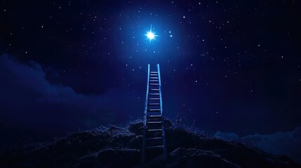 A wooden ladder leading to a bright star in the night sky, symbolizing hope and faith.