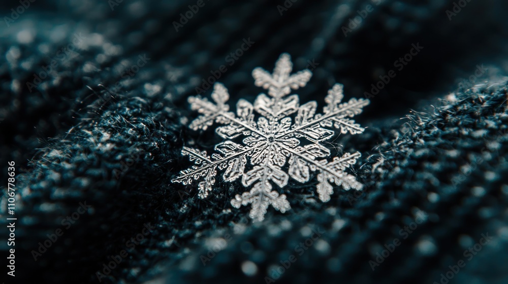 Poster a close-up of a delicate, symmetrical snowflake resting on a dark fabric, highlighting its intricate