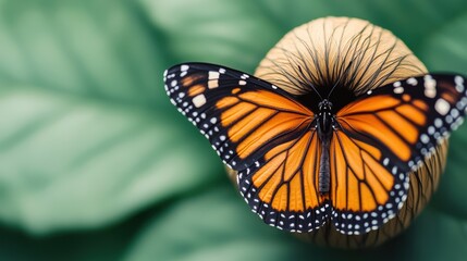 Obraz premium A vibrant Monarch butterfly perched on a plant, showcasing its striking orange and black wings against a soft green background.