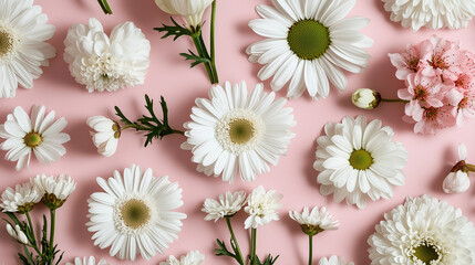 White and Pink Flowers on a Pastel Pink Background