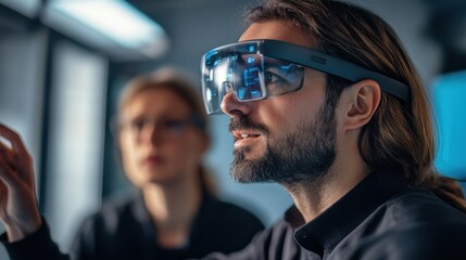 Man using augmented reality glasses in modern workspace