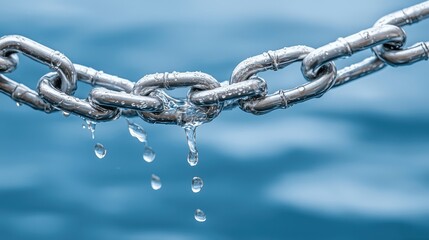 Wet Metal Chain Links Strength Connection Resilience Water Drops