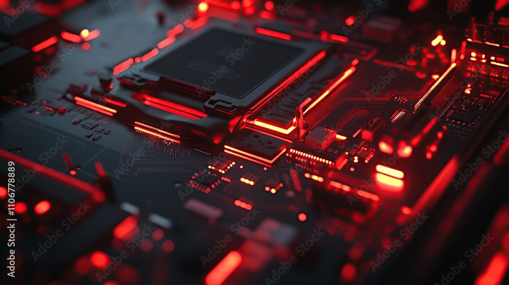 Poster a close-up view of a high-tech circuit board with glowing red elements.