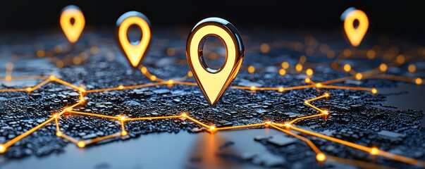 Digital map with glowing location pins and interconnected lines