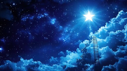 A wooden ladder reaches up to a bright star in a night sky filled with clouds and stars.