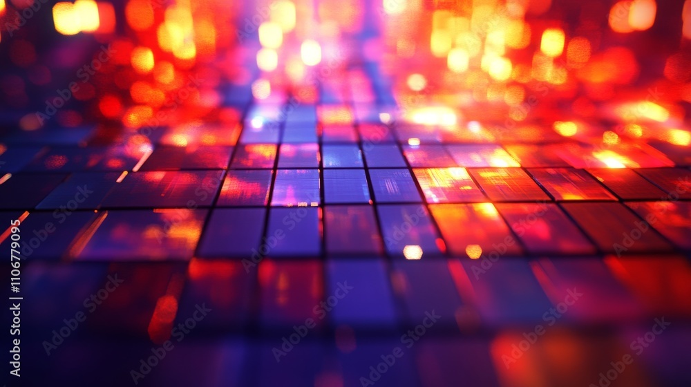 Poster dynamic perspective of glowing red and orange tiles in a digital matrix, representing futuristic ene