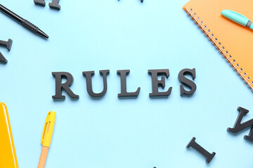 Word RULES with letters on blue background