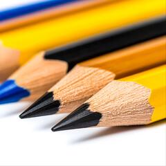 Obraz premium Colorful Wooden Pencils with Sharp Tips Arranged on White Background