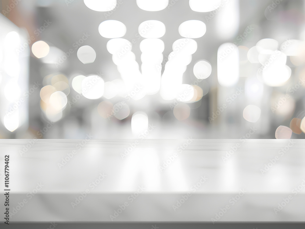 Poster blurred background with a marble surface in focus, suggesting a display or presentation setting.
