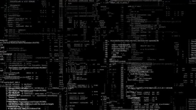 Hacking glitch Programming code noise effects Hackers program code, running on screen. encrypting computer files, Ransomware Malware Attack. digital technology security hacking or cyber security 3D 4K