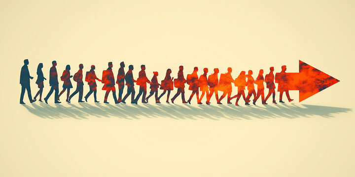 Illustration of a group of people walking in a line with arrows pointing to the desired target. White background, Watercolor vector illustration