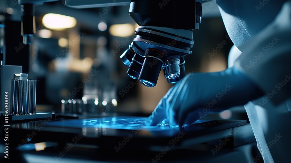 Aufkleber a scientist examines samples under a microscope in a laboratory setting.