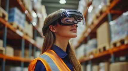 Woman Wearing Smart Glasses in Warehouse Environment