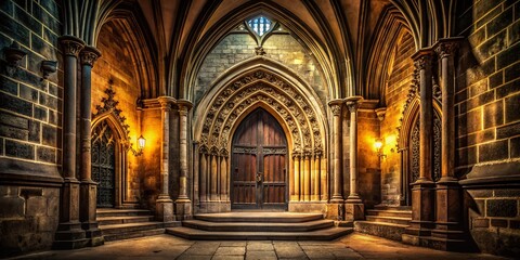 Fototapeta premium Captivating Entrance to a Mysterious Basement or Old Bunker in Front of a Majestic Gothic Cathedral Surrounded by Intriguing Architectural Details and Dark Atmosphere