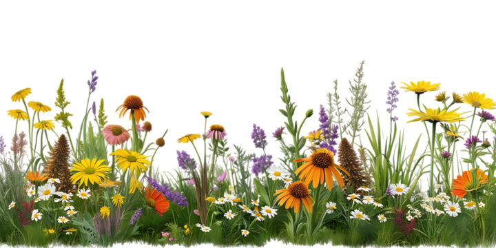 Vibrant Wildflower Meadow with Colorful Blooms and Lush Greenery isolated on transparent Background 