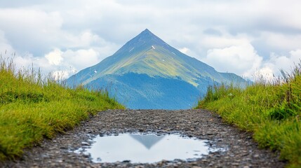 Fototapeta premium A serene landscape featuring a gravel path leading to a mountain, with a reflection in a puddle adding depth to the scene.