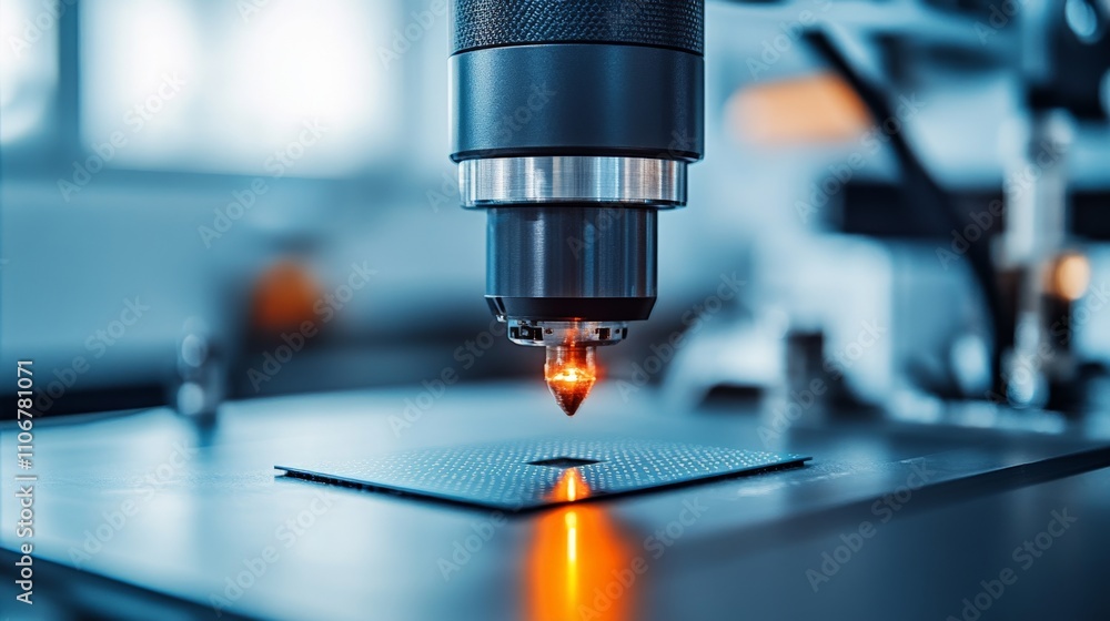 Poster precision laser etching on microchip circuitry in a laboratory setting, showcasing advanced semicond
