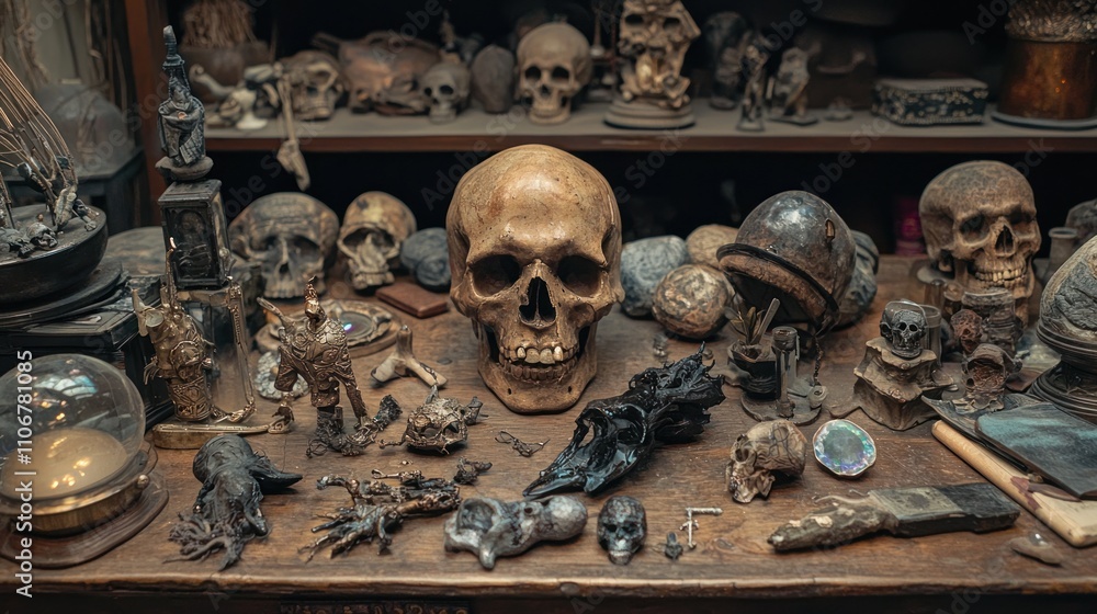 Aufkleber a collection of bizarre items displayed on a table, each with its own unique story.