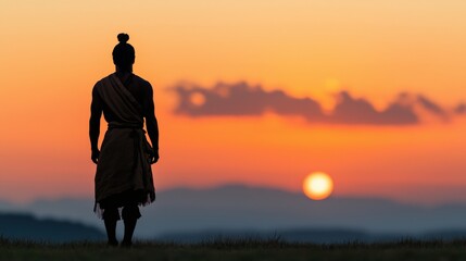 Fototapeta premium A silhouette of a figure in traditional attire stands against a colorful sunset, capturing a moment of reflection and serenity.