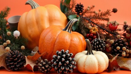 Celebrate Autumn's Beauty with Our Vibrant Pumpkin and Pinecone Arrangement, Perfect for Fall Decor and Festive Atmosphere