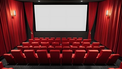 Fototapeta premium Cinema room with blank screen and empty space. Red seats and curtains. Concept of leisure, entertainment, cinema and theater.