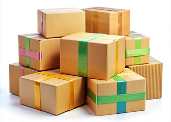Fototapeta premium Realistic Macro Photography of Stacked Parcel Boxes and Sealed Goods in Cardboard with Adhesive Tape, Isolated on White Background - Perfect for Delivery Icons and Shipping Concepts