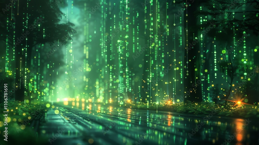 Poster matrix-inspired digital landscape with cascading green code and floating holographic symbols
