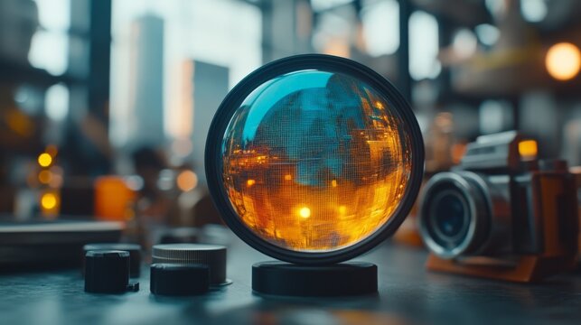 Fototapeta Macro view of a glass optical lens focusing on ambient light with an advanced camera in a modern indoor setting, highlighting precision engineering and vivid lens reflections