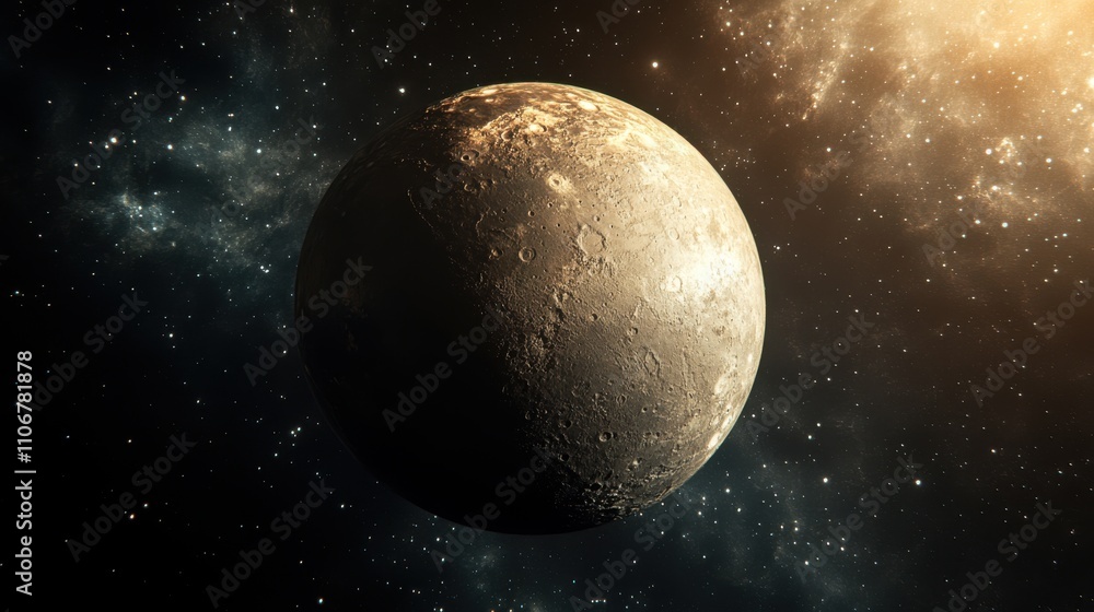 Poster mercury with its rocky, cratered surface and sharp shadows, drifting through a dark space filled wit