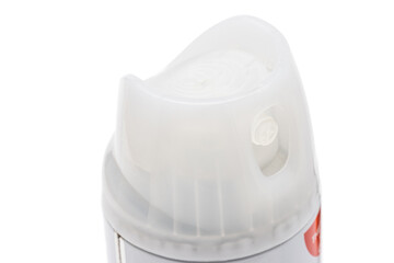 close up view of aerosol spray tin cap nozzle. on white background.